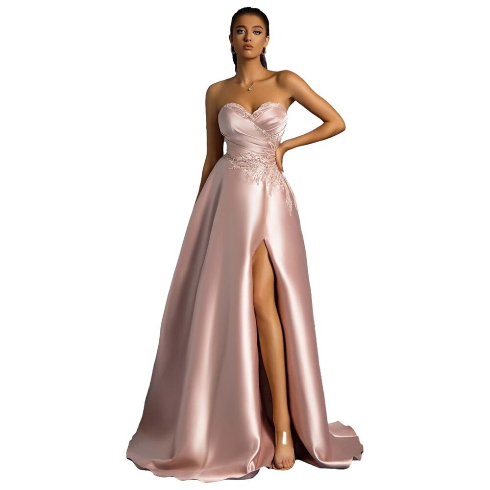 Women's Formal Off Shoulder Satin A-line Elegant Sequin Split Long Evening Dress